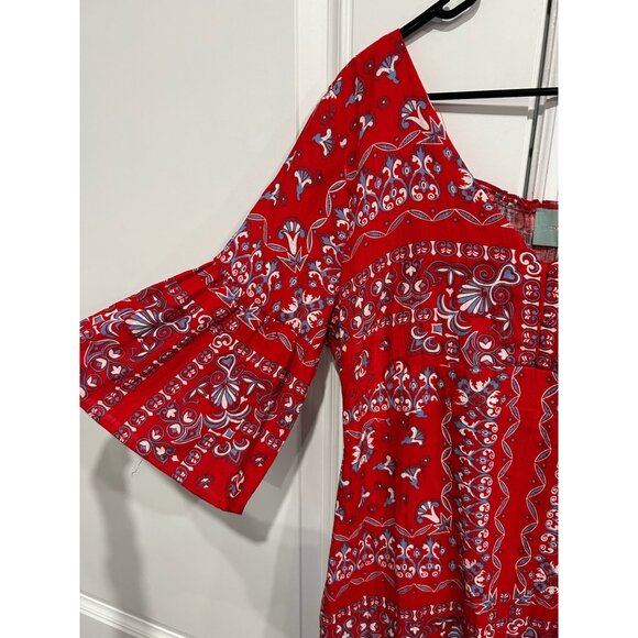 Skies are Blue Red Blue Boho Floral Print Dress Bell Sleeves Size Large - Picture 5 of 10